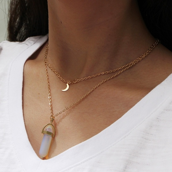 Natural Stone Crystal Layered Gold Necklace Choker - Picture 1 of 5